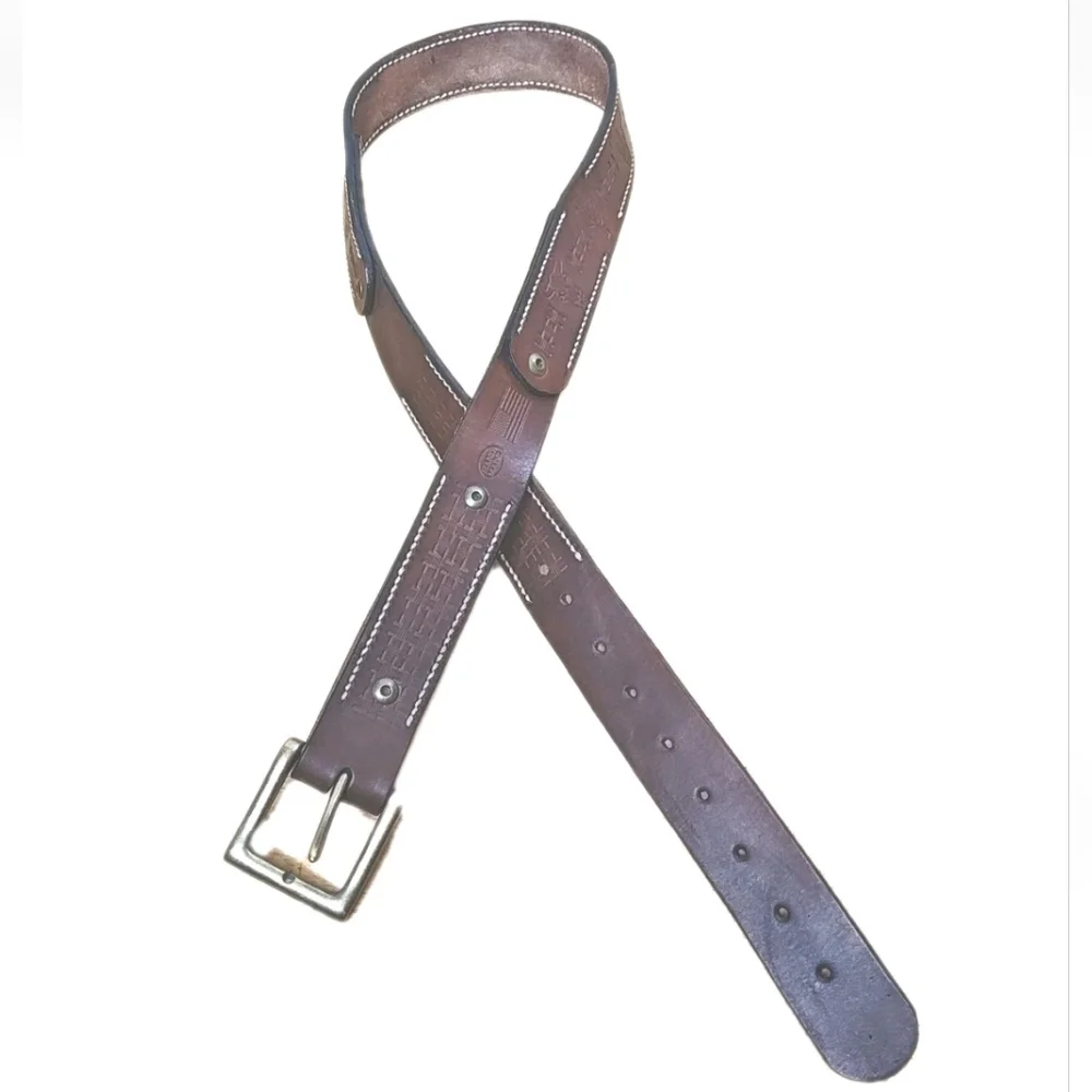 Vintage Western Texan Ranger Leather Belt Sq Brass Buckle Men 34-42 Width 1.5